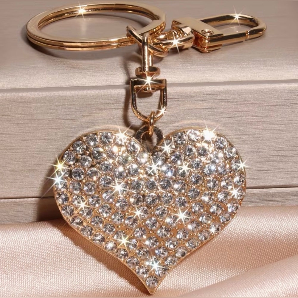 Heart Bag Purse Charm Gold Tone with Sparkling Rhinestones Keychain